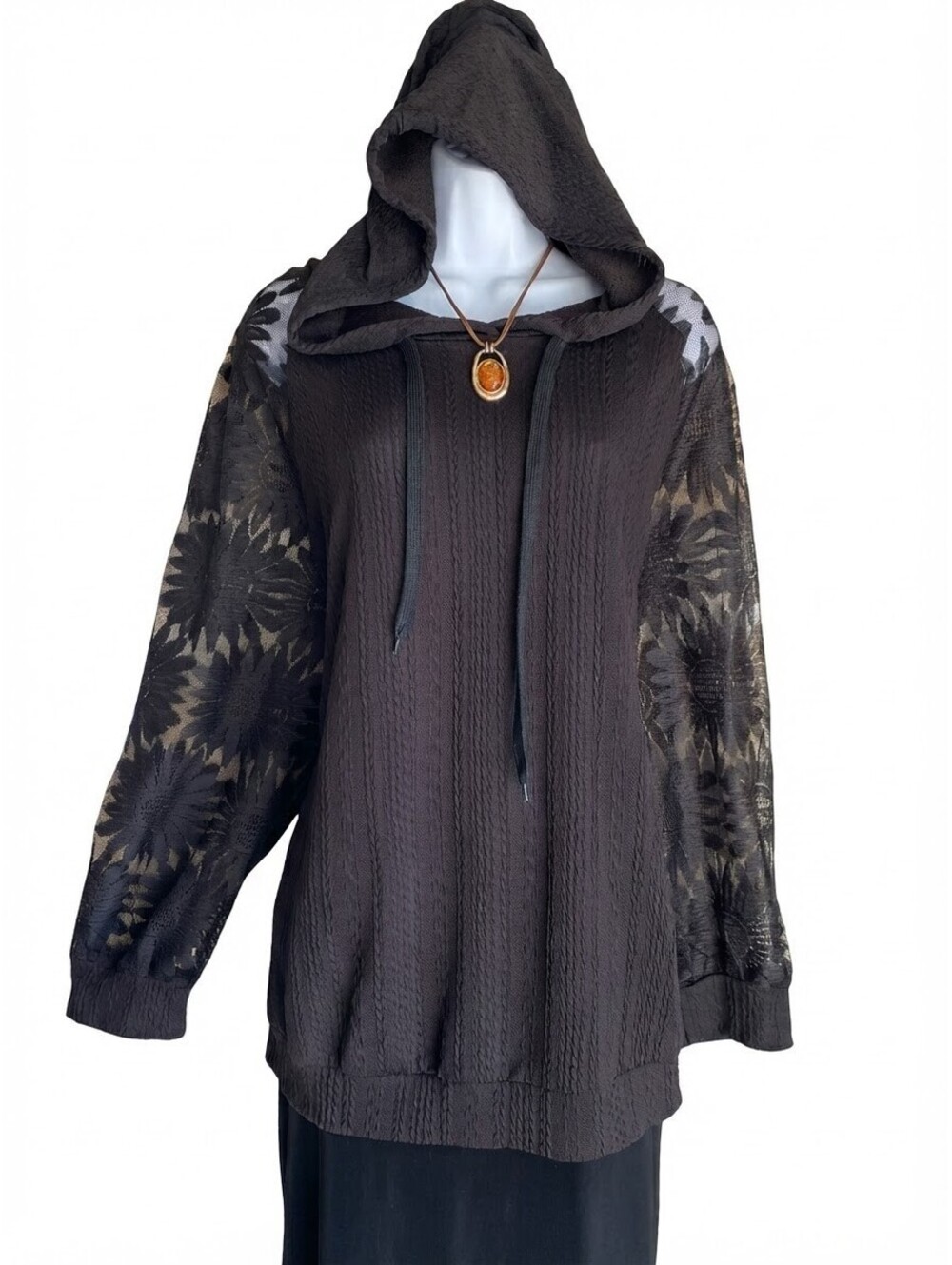 Y2K Plus 3X Black Lace Sleeve Tunic Hoodie Sweater Goth Whimsigoth Dark Romance